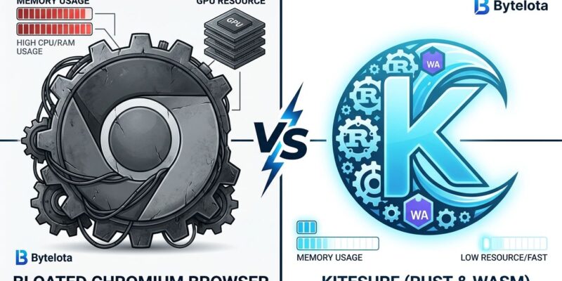 Split-screen comparison of Chromium versus Kitesurf browser architecture for AI agents, blue and white ByteIota design