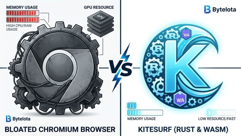 Split-screen comparison of Chromium versus Kitesurf browser architecture for AI agents, blue and white ByteIota design