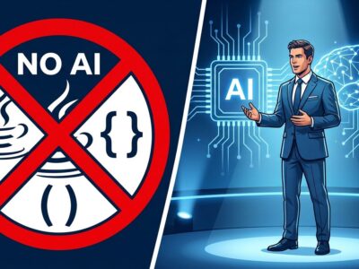 Split-screen illustration showing Java prohibition sign on left and Oracle executive presenting AI on right