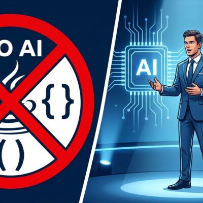 Split-screen illustration showing Java prohibition sign on left and Oracle executive presenting AI on right