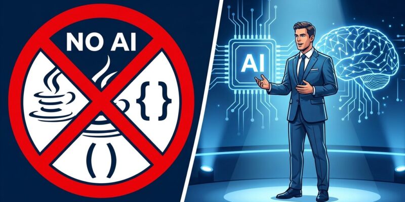 Split-screen illustration showing Java prohibition sign on left and Oracle executive presenting AI on right