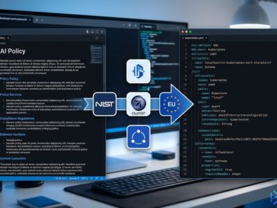 Developer terminal showing AI policy document being converted to Kubernetes configuration via the asago pipeline