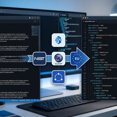 Developer terminal showing AI policy document being converted to Kubernetes configuration via the asago pipeline
