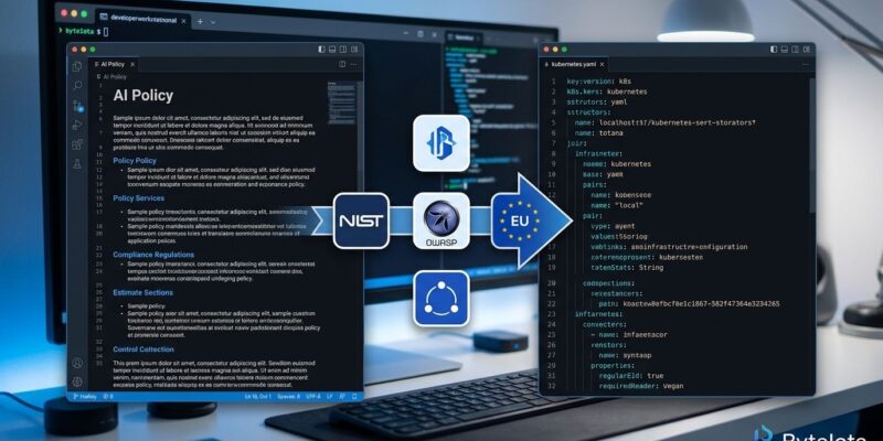 Developer terminal showing AI policy document being converted to Kubernetes configuration via the asago pipeline
