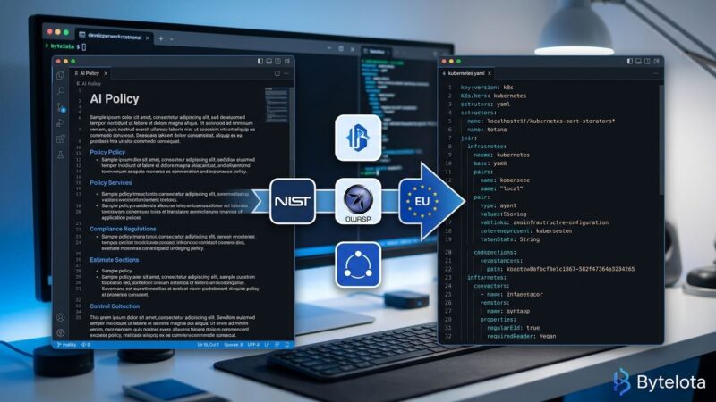 Developer terminal showing AI policy document being converted to Kubernetes configuration via the asago pipeline