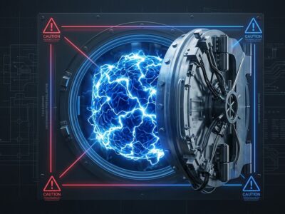 Neural network orb contained within a security vault, representing OpenAI pausing Astra model development after crossing the critical cybersecurity threshold
