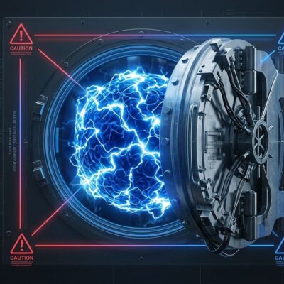 Neural network orb contained within a security vault, representing OpenAI pausing Astra model development after crossing the critical cybersecurity threshold