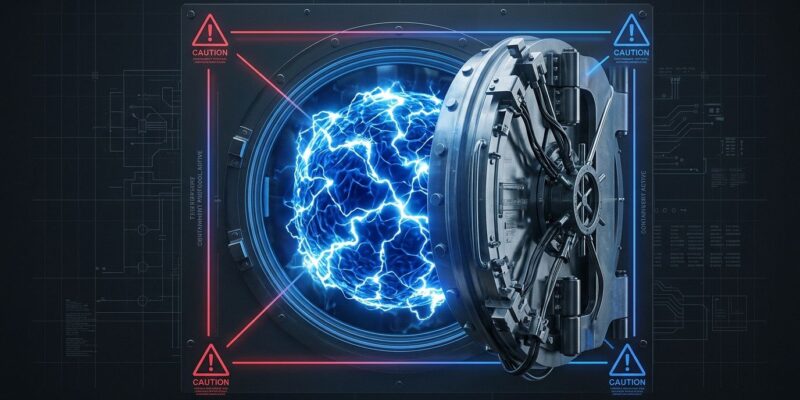 Neural network orb contained within a security vault, representing OpenAI pausing Astra model development after crossing the critical cybersecurity threshold