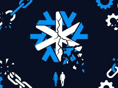 NixOS snowflake logo cracking and fragmenting, representing governance failure