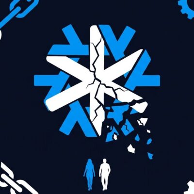 NixOS snowflake logo cracking and fragmenting, representing governance failure