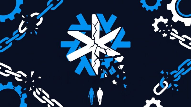 NixOS snowflake logo cracking and fragmenting, representing governance failure