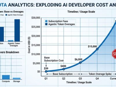 Cost chart showing AI coding tool expenses per developer climbing to 28000 per year with agentic workflow overages as main driver