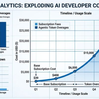 Cost chart showing AI coding tool expenses per developer climbing to 28000 per year with agentic workflow overages as main driver