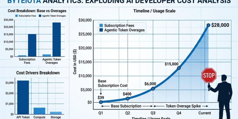 Cost chart showing AI coding tool expenses per developer climbing to 28000 per year with agentic workflow overages as main driver