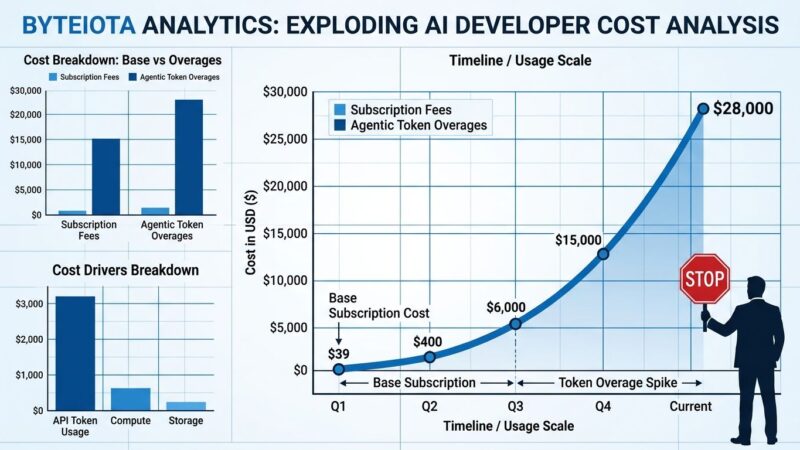 Cost chart showing AI coding tool expenses per developer climbing to 28000 per year with agentic workflow overages as main driver