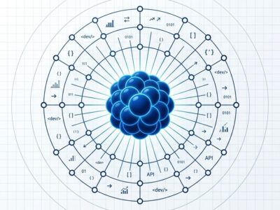 DOE Genesis Open Models portal illustration showing atomic nucleus connected to 40 partner organization nodes in blue and white