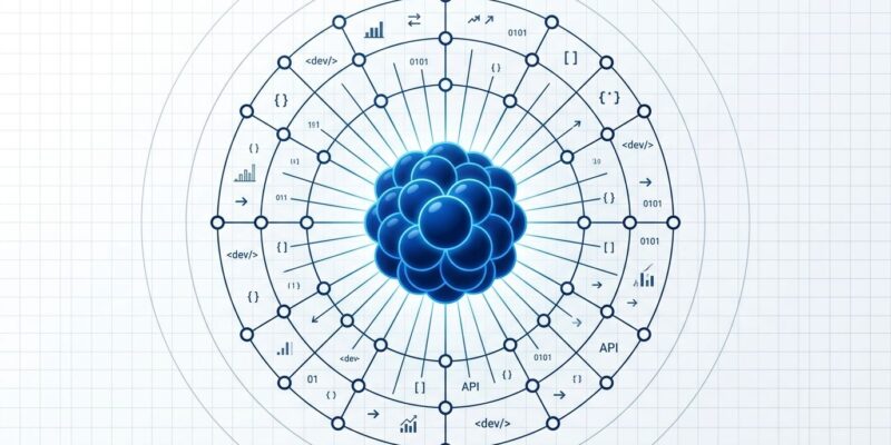 DOE Genesis Open Models portal illustration showing atomic nucleus connected to 40 partner organization nodes in blue and white