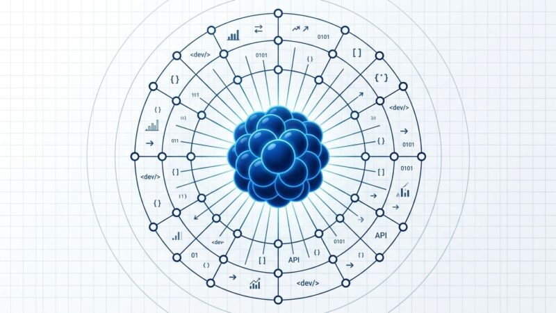 DOE Genesis Open Models portal illustration showing atomic nucleus connected to 40 partner organization nodes in blue and white