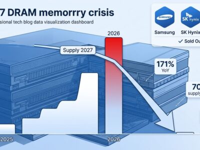 Data visualization showing 2027 DRAM memory shortage with price charts and supply drop statistics