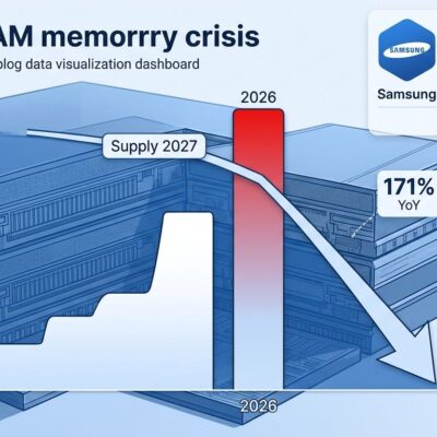 Data visualization showing 2027 DRAM memory shortage with price charts and supply drop statistics