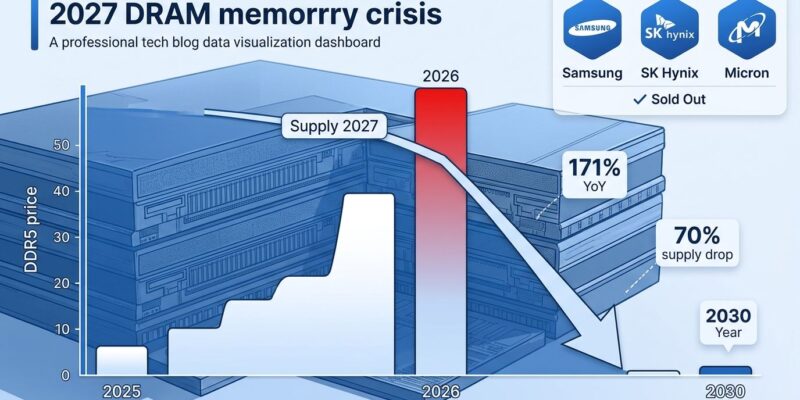 Data visualization showing 2027 DRAM memory shortage with price charts and supply drop statistics