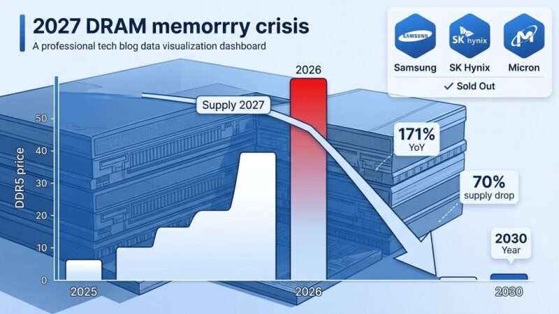 Data visualization showing 2027 DRAM memory shortage with price charts and supply drop statistics
