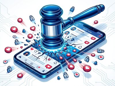 Judge gavel striking smartphone with social media like icons scattering on impact, representing Meta's 42M court ruling on platform design for minors