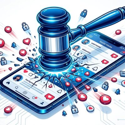 Judge gavel striking smartphone with social media like icons scattering on impact, representing Meta's 42M court ruling on platform design for minors
