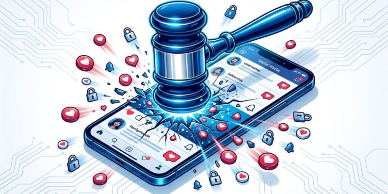 Judge gavel striking smartphone with social media like icons scattering on impact, representing Meta's 42M court ruling on platform design for minors