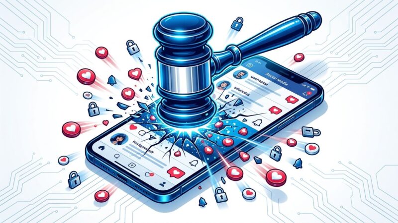 Judge gavel striking smartphone with social media like icons scattering on impact, representing Meta's 42M court ruling on platform design for minors