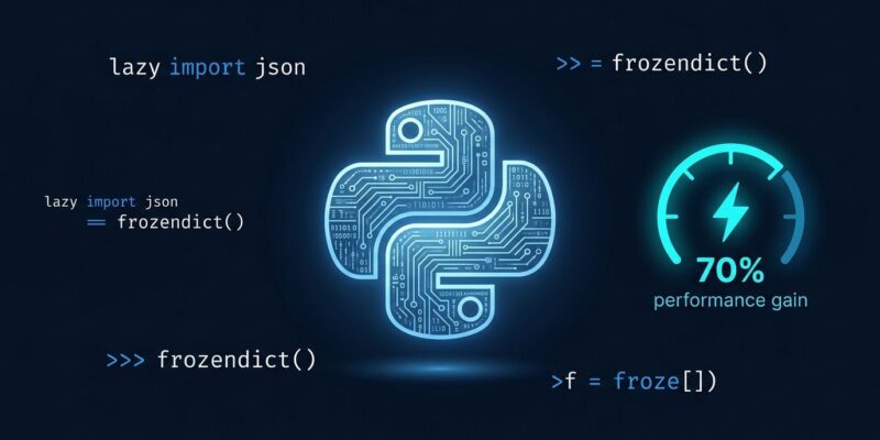Python 3.15 RC1 featured image showing lazy imports and frozendict code snippets with ByteIota branding