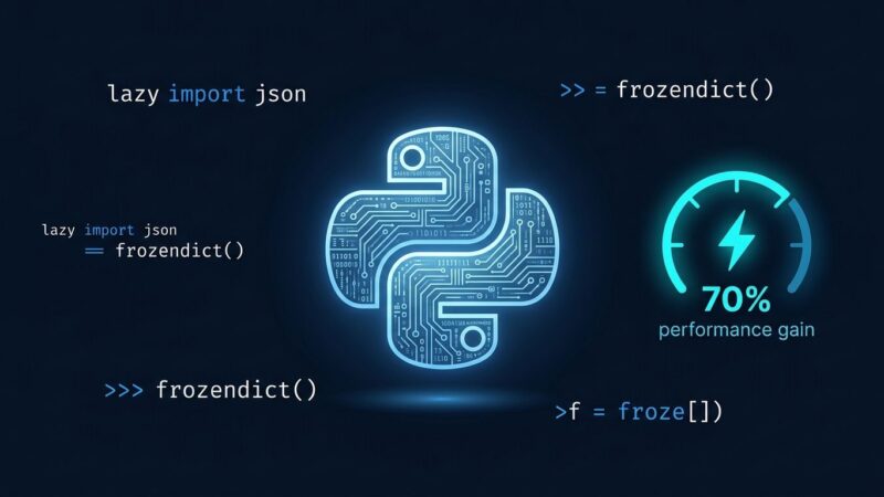 Python 3.15 RC1 featured image showing lazy imports and frozendict code snippets with ByteIota branding