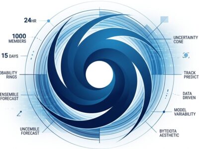 Tropical cyclone vortex with probability rings representing WeatherNext AI ensemble forecast visualization