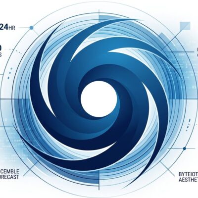 Tropical cyclone vortex with probability rings representing WeatherNext AI ensemble forecast visualization