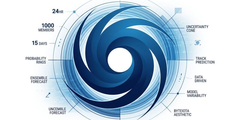 Tropical cyclone vortex with probability rings representing WeatherNext AI ensemble forecast visualization