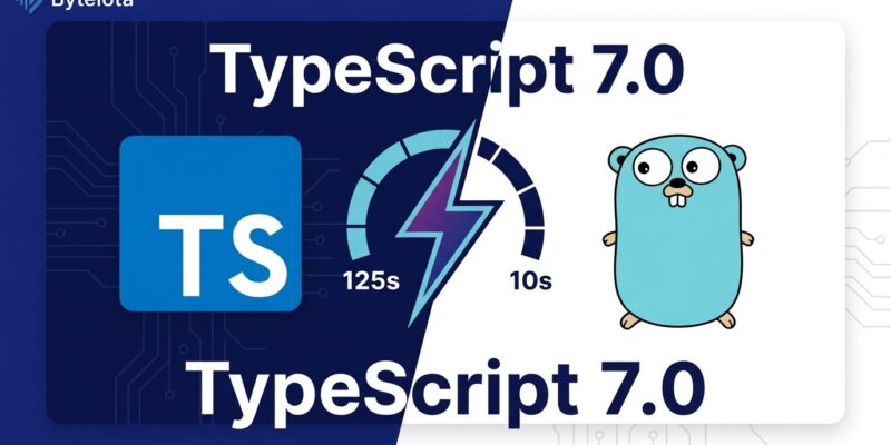 TypeScript 7.0 Go compiler transformation showing 10x faster build speeds with ByteIota branding