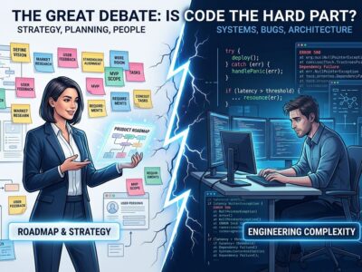 Split-screen showing a product manager with wireframes versus a developer with complex code architecture and error traces, illustrating the coding difficulty debate