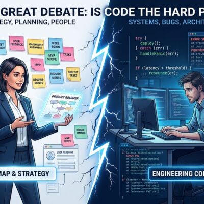 Split-screen showing a product manager with wireframes versus a developer with complex code architecture and error traces, illustrating the coding difficulty debate