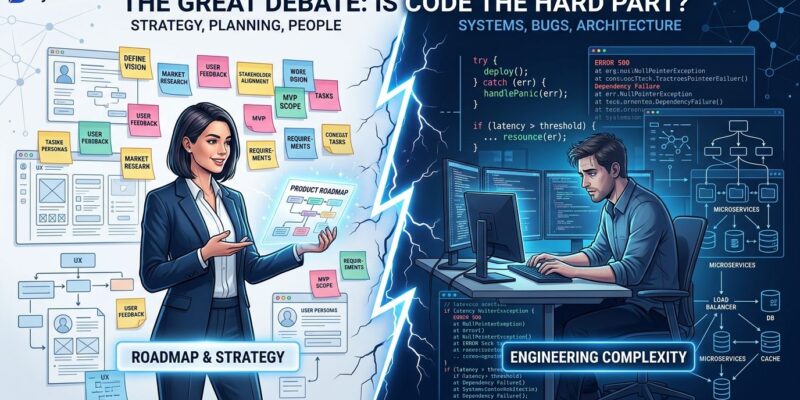 Split-screen showing a product manager with wireframes versus a developer with complex code architecture and error traces, illustrating the coding difficulty debate