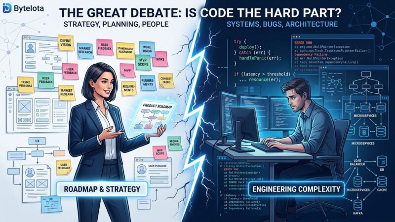 Split-screen showing a product manager with wireframes versus a developer with complex code architecture and error traces, illustrating the coding difficulty debate