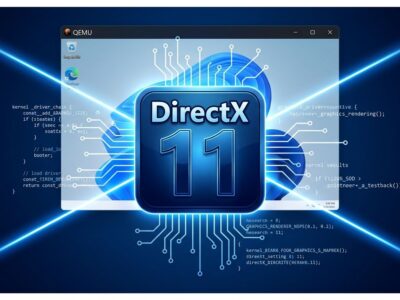 UTM Triton DirectX 11 driver for QEMU virtual machines built with AI assistance, showing DirectX logo with circuit patterns