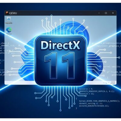 UTM Triton DirectX 11 driver for QEMU virtual machines built with AI assistance, showing DirectX logo with circuit patterns