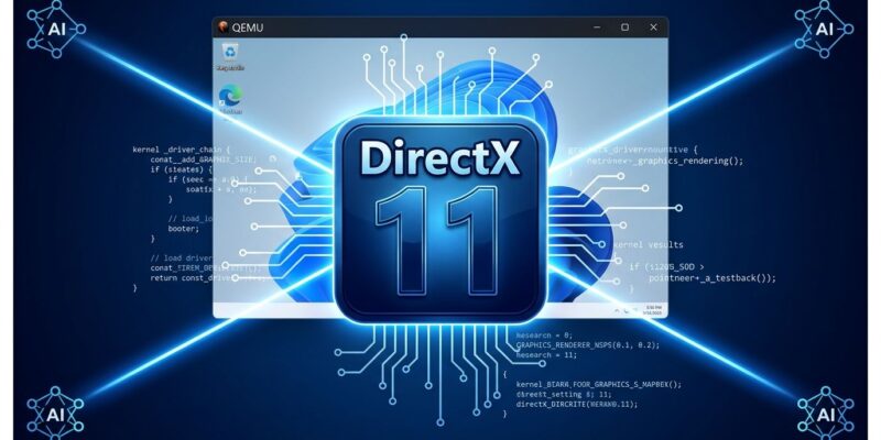 UTM Triton DirectX 11 driver for QEMU virtual machines built with AI assistance, showing DirectX logo with circuit patterns