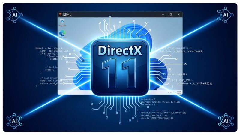 UTM Triton DirectX 11 driver for QEMU virtual machines built with AI assistance, showing DirectX logo with circuit patterns