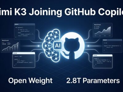 Kimi K3 open-weight model in GitHub Copilot - 2.8T parameters neural network illustration