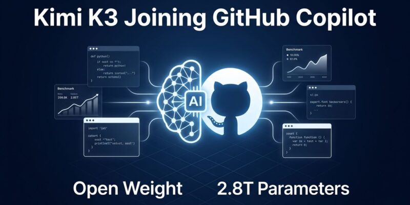 Kimi K3 open-weight model in GitHub Copilot - 2.8T parameters neural network illustration