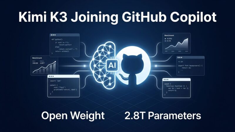 Kimi K3 open-weight model in GitHub Copilot - 2.8T parameters neural network illustration