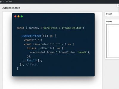 WordPress 7.1 code editor showing iframe isolation between admin shell and block canvas with JavaScript useRefEffect pattern
