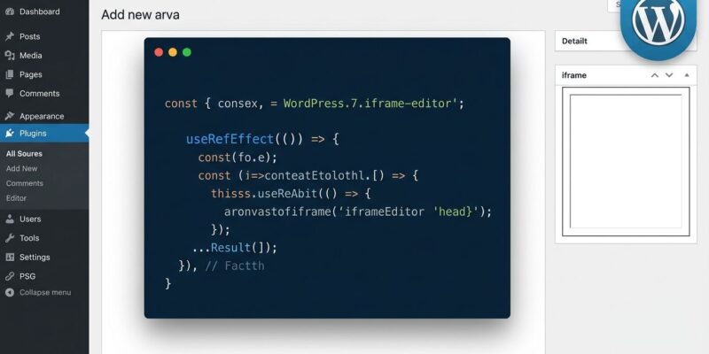 WordPress 7.1 code editor showing iframe isolation between admin shell and block canvas with JavaScript useRefEffect pattern