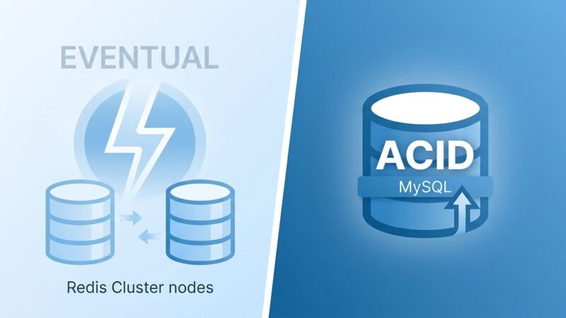 Split-screen comparison of Redis and MySQL database architectures for inventory reservation systems